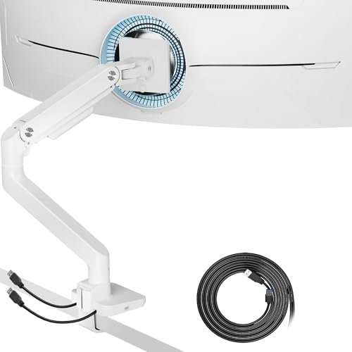 ARES WING Single Ultrawide Monitor Mount with USB A/C, Heavy Duty Monitor Arm for 17 to 49 inch Screen, Holds 44 lbs, Adjustable Gas Spring Arm Desk Mount with Clamp and Grommet Base, White