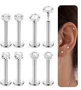 Chriscoco 16G Tragus Piercing Jewellery Flat Back Earrings for Women,Hypoallergenic Surgical Steel Labret Nose Stud Helix Piercing Jewellery for Sensitive Ears for Women Silver 8mm