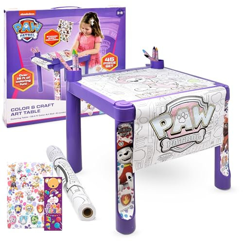 Paw Patrol Mal- und Basteltisch für Kinder, Mädchen, mit farbigen Rollen, Buntstiften, Aufklebern, Kunststoff-Tischhalter, Schreibtisch