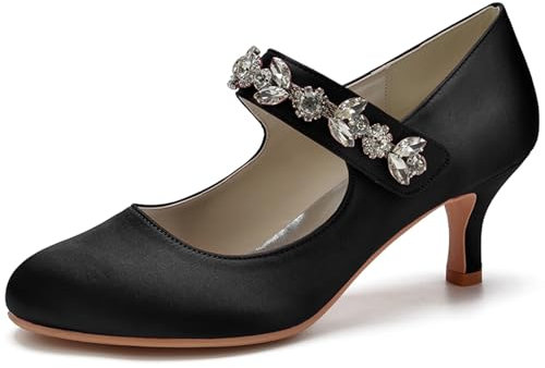 Women's Mary Jane Kitten Heel Pumps Round Closed Toe Mid Low Heel Bridal Dress Shoes Rhinestones Office Work Party Wedding Shoes,Black,4 UK