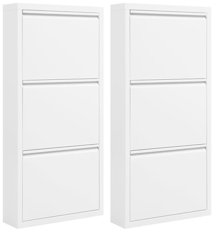 WOLTU 2er Set Schuhschrank mit 3 Klappen, Schuhregal geschlossen, Schuhkommode schmal, aus Metall, für Flur Diele Wohnzimmer, 50x106x15 cm, Weiß, SRX41ws-2