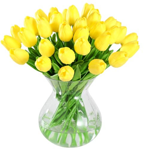 JUSTOYOU 40 Künstliche Tulpen Blumen,Fake Real Touch Latex Tulpe, Faux Blume Tulpe Hochzeit Sträuße für Hochzeit Home Garten Dekoration(gelb)