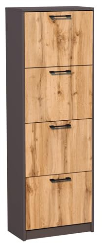 Home Collective Schuhschrank mit 4 aufklappbaren Schubladen Schuhregal mit 4 Fächern weiche abgerundete Kanten 50 cm breit laminierte Platte Matte platzsparende Schuhaufbewahrung Graphit Eiche
