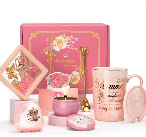 Regalo Festa Della Mamma - Tazza Con Candela Aromatica, Portachiavi M, Pallina da Bagno, Scoop, Scheda da Figlia Figlio in Confezione Regalo