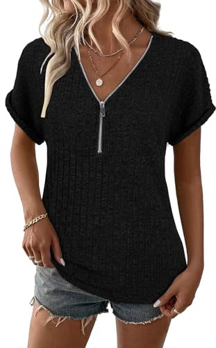 Gemulate Ladies Short Sleeve Summer Blouses 1/4 Zip Business Casual Outfits Tunic Tops for Women Trendy Loose Evening top Black M