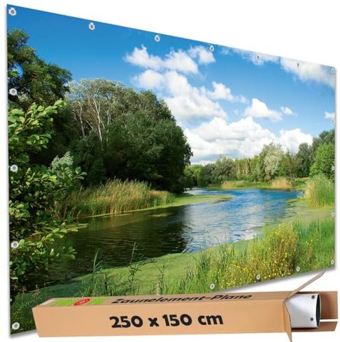TRIOSK Sichtschutz Garten Deko Zaun Plane Blickdicht groß mit Zaunblende Motiv Flusslauf Ufer Wiese Wasser für Balkon Terrasse Zaunelement Doppelstabmatten Gartenzaun PVC 250x150 cm