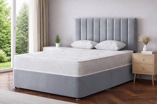 CALISMA Designer Divan Bed with Gio Headboard, 4 Storage Drawers, Spring Mattress, Silver Crush Velvet (silver crush, 3ft single)