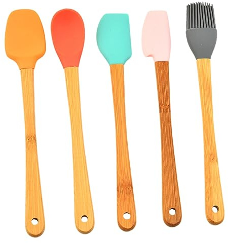 FUNOMOCYA 5 Stück Silikonspatel mit Bambusgriff für Backwaren in Bäckereien | Ergonomischer Griff, Glatte Kanten und Ecken, für Coffee Shops, als Praktisches Küchenutensil