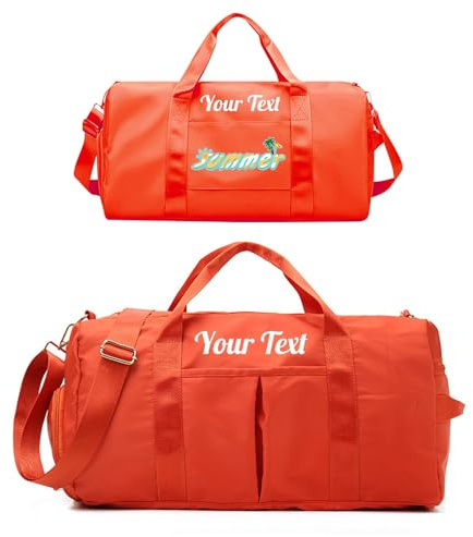 LINMQIU Individuelle Reisetasche, personalisierte bestickte Sport-Turntasche für Damen/Herren, Reisetasche mit beidseitiger Personalisierung und separaten Nass und Trockentaschen-Orange