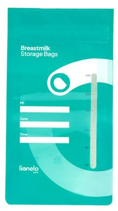 Lionelo Milky Bags Sacchetti per Latte Materno 240 ml – Confezione 30 pz, Pre-Sterilizzati, Doppia Chiusura Ermetica, Sacchetto Autostabile con Scala Graduata, Spazio Data/Ora, Per Frigo e Freezer