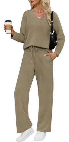 VUTRU Damen Zweiteiler Trainingsanzug Elegant Baumwolle Rundhals Jogginganzug Langarm Tshirts und weite Hose mit Taschen Sport Anzug für Damen