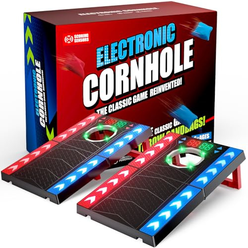 Electronic Cornhole Game Set with Automatic Scoring, LED Lights & Music, Portable Bean Bag Toss Game with 2 Boards & 8 Bean Bags, Garden Outdoor Games for Kids 8+, Adults, Beach Camping Lawn Games