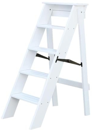 LWJSOCP Escabeau Pliable en Bois de Noyer et Blanc, 5 marches, Durable, pour Adulte, pour la Maison, la Cuisine, Le Bureau, Rangement Facile, Design léger et antidérapant