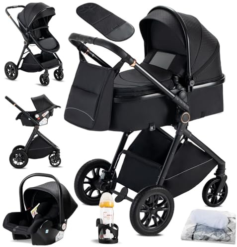 KAVELLIN Kinderwagen 3 in 1, Kinderwagen mit Autositz, Zusammenklappbar kombikinderwagen komplettset inkl. Becherhalter, Moskitonetz, Fußabdeckung, Regenschutz, Babywagen for 0-36 Monate, Schwarz