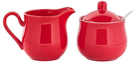 SiaBiced Sugar Bowl, Sugar Container, Milk Jug, Creamer Set with Lid And Spoon - Classic And Aesthetically Pleasing for Dining Area, Workplace, Gift, And Home, Red