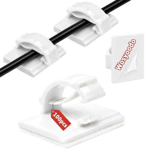 Wosyoodo 100Pcs Sujeta Cables Autoadhesivos Blanco,Cable Management 19x14mm | Organizador Cables de Escritorio, Clips Adhesivos para Cables, Gestión de Cables –Pared, Escritorio, Luces de Cadena