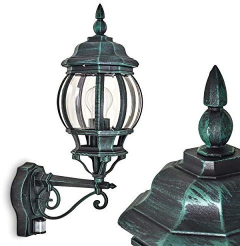 Außenwandleuchte Lentua m. Bewegungsmelder, Wandlampe aufwärts in antikem Look, Aluguß in Schwarz/Grün m. Kunststoff-Scheiben, Wandleuchte für Terrasse/Hof, E27-Fassung, ohne Leuchtmittel