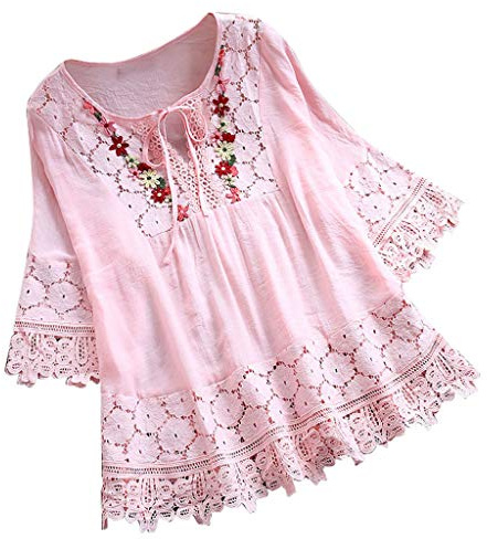 Lazzboy Frauen Weinlese Spitze Patchwork Bogen V-Ausschnitt DREI Viertel Blusen Top T-Shirt Damen Vintage Bohemian Sommerkleid Tunikakleid Bluse Oberteile Shirt Crop Tops