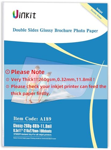 Uinkit Dickes Fotopapier, glänzend, doppelseitig, 100 Blatt, 8,5 x 11 cm, schwer, 30,8 kg, 260 g/m², Tintenstrahldrucker, beidseitig bedruckbar, 11,8 mm, A4, Großpackung, 21,6 x 28,9 cm, Postkarte,