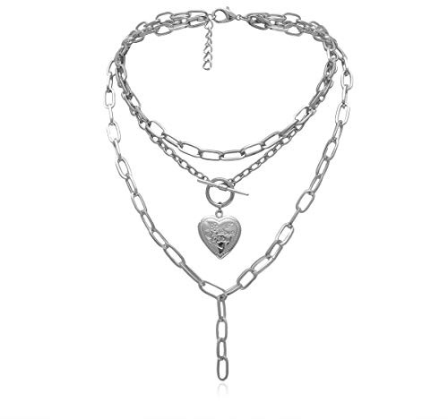 HMOOY Cool Punk Chunky Chain Statement Halskette Herzförmiges Foto Medaillon Anhänger Layered Choker Halskette Schmuck für Frauen Mädchen