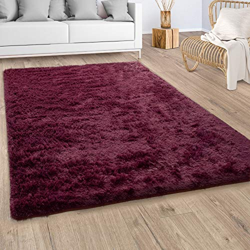 Paco Home Hochflor Teppich Wohnzimmer Shaggy Moderner Fellteppich Imitat Kunstfell Flauschig rutschfest Einfarbig Bordeaux Lila, Grösse:Ø 160 cm Rund