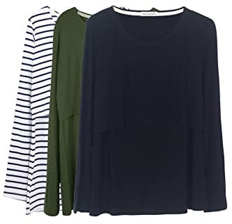 Smallshow Nursing Tops Women's Maternity Long Sleeve Breastfeeding Shirts,Army Green/Black/White Stripe,L