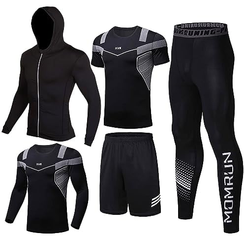 BOOMCOOL 5Pcs Gym Clothes Men Tracksuit Sets Running Wear Compression Shirts Sleeve Tops Jackets Long Suits Leggings Shorts Sports Activewear for Athletic Workouts-L