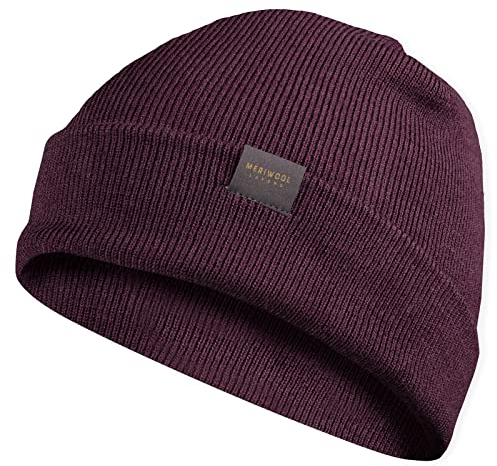 MERIWOOL Beanie für Damen und Herren – Merinowolle Mischgewebe Rippstrick Wintermütze, Berry, Einheitsgröße