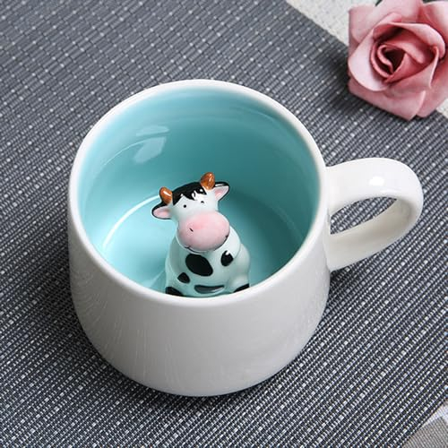 3D Tier Kaffee Tasse mit Nette Kuh Innen, Cartoon Kaffeetasse Milch Tee Keramik Becher, Süß Teetasse Geschenktasse Porzellan Tasse für Kinder, Frauen, Mädchen - Geburtstage Vatertag Geschenk