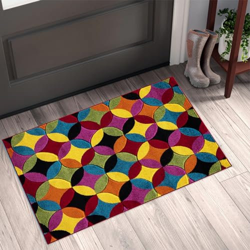 renoazul® Multicoloured Large Door Mat for Entrance, Hallway and Kitchen, 60 x 110 cm, Circle Bright, Soft Thick Pile Fluffy Thick Plush Geometric Pattern Mat
