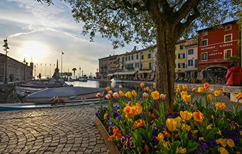 LHJOYSP Geschenk Junge 3D Puzzle 1000 Teile Stadt See Architektur Bucht Boot Hafen Italien Blumenbeet Promenade Gardasee Lazise 75x50cm