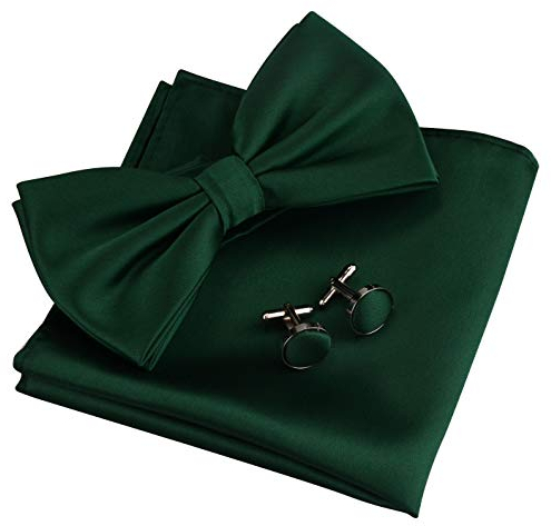 Dark Green Bow Tie Solid Wedding Pre-tied Bowtie and Pocket Square Cufflink Set (UK0570-29)