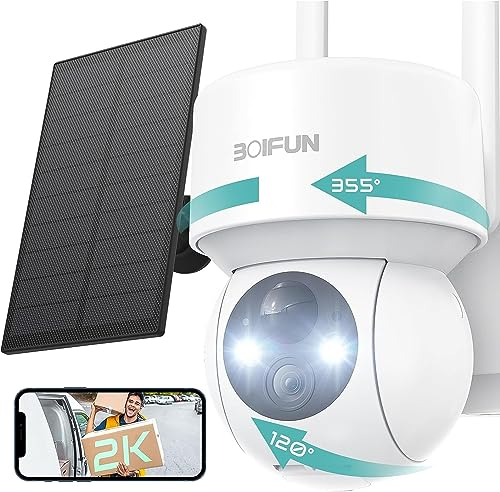 BOIFUN Camara Vigilancia WiFi Exterior Solar, 2K PTZ Cámara de Seguridad con Batería Recargable 15000mAh, Detección de Inteligente AI, Color Visión Nocturna, Alarma de luz y Sonido