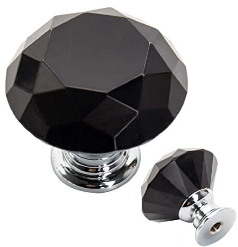 VDL 4 PCS Black Crystal Glass Door Knobs for Cupboards Wardrobes, 30mm Diameter with Screws, Cabinet Drawer Handles