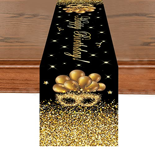 Tischläufer Geburtstag, Schwarz Gold Tischdeko Geburtstag, Happy Birthday Tischdecke Tischläufer, Tischdekoration Geburtstag für Mädchen Junge Frauen Männer Geburtstag Dekoration, 180 x 35 cm