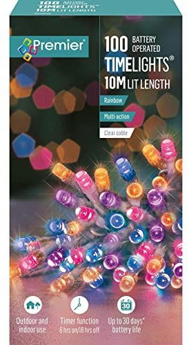 Premier 100 Timelights Battery Operated 10m Clear Cable Multi Action String Lights - Rainbow