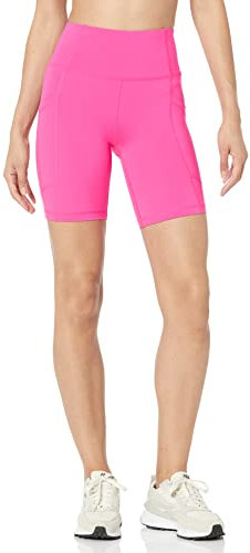 Amazon Essentials Short de Cyclisme Sculptant Taille Haute, avec Poches, Évacuation de l’humidité Femme, Rose Fluo, S