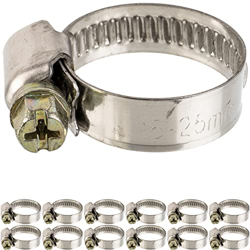 Schlauchschellen mit Schneckenantrieb, 12 Stück, Spannbereich Ø 16-25 mm, für 3/4 Schläuche, W2 Edelstahl, Kreuzschlitz SW 7, 9 mm Bandbreite, Fixierung von Waschmaschine, Spülmaschine Anschluss
