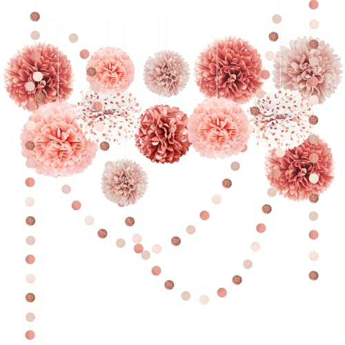 NICROLANDEE Seidenpapier Pompons Deko 15 Stück, Roségold Tissue Papier Pom Poms und Dots Papier Girlande, Party Dekorationen für Valentinstag Hochzeit, Babyparty Deko, Abschlussball, Gartenparty Deko