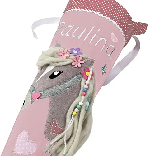 Schultüte/Zuckertüte Pferd mit Namen in altrosa zur Einschulung für Mädchen, aus Stoff, mit Kissen bestellbar