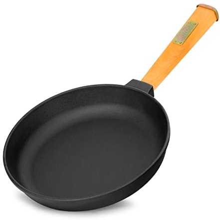 Padella in ghisa, 26 cm, con manico in legno, svitabile, padella in ghisa, padella per bistecca Cast Iron Pan, adatta per barbecue a gas, forno, focolare tutti i piani cottura, incl. induzione