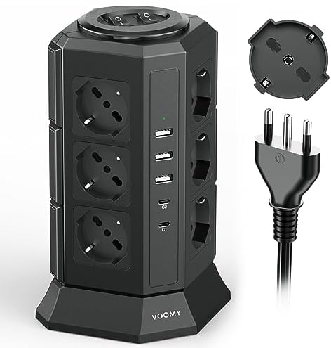 VOOMY Multipresa Verticale con 12 Prese Universali ITA (4000W 10/16A), 2 USB C (20W PD3.0) e 3 USB A, Ciabatta Multipresa Protezione Sovratensione con 2 Interruttori Indipendenti, 2M Cavo, Nero