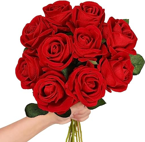 Ancokig 12 Stücke Künstliche Rosen Silk Blumen Gefälschte Flowers Braut Hochzeit Bouquet Für Hausgarten Geburtstag Party Home Wedding Dekor (Rot)