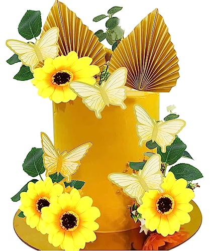 MEZHEN Tortendeko Blume Geburtstag Deko Sonnenblume Deko Kuchen Tortendeko Schmetterling Cake Topper Sunflower Kuchendekoration Hochzeitstorte Dekoration 32 Stück