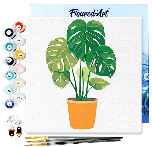 Figured'Art Mini Malen Nach Zahlen Erwachsene Mit Rahmen 20x20cm Kleines Format - Grüne Pflanze - Paint by Numbers Basteln DIY Bastelset Leinwand gespannt auf Holzrahmen