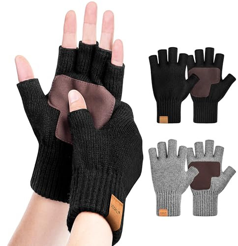 UCQKLI 2 Paar fingerlose Winterhandschuhe für Damen und Herren, Handschuhe für Damen, Alpakawolle, Strick, Halbfinger-Handschuhe, Touchscreen, Schwarz / Grau, Large