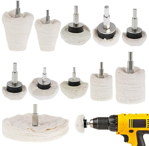 Disco per lucidatura per trapano, accessorio per lucidatura per avvitatore a batteria, 11 pezzi set di spazzole con gambo esagonale da 6 mm, pad per lucidatura in velluto di cotone conico per lucidare