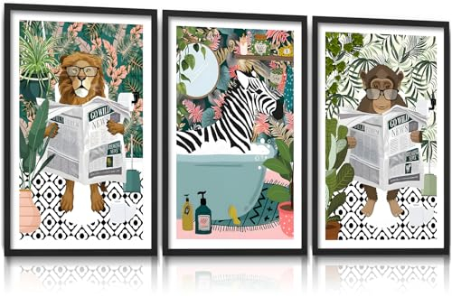 YXNARTLQ Lustiger Zebra-Löwenaffe auf WC, lustiger Badezimmer-Wandkunst, Leinwand, tropischer Boho-Badezimmer-Dschungel-Tierdruck, Kunst-Dekor, Gemälde für WC, 40,6 x 61 x 7,6 cm, ungerahmt