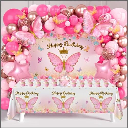 Set Addobbi Compleanno Bambina, Arco Palloncini Rosa con Palloncino Rosa, Oro Rosa e Farfalla, Sfondo e Tovaglia a Farfalla Rosa, Palloncini per Decorazioni Compleanno, Battesimo Bimba, Baby Shower