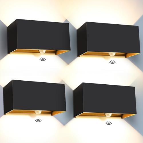 Kingwen 4 Stücke 20W LED Wandleuchte Innen/Aussen mit Bewegungsmelder 3000K LED Wandlampen Schwarz Aussenleuchte mit Bewegungsmelder Rechteckig Verstellbar Abstrahlwinkel Wandleuchten IP65